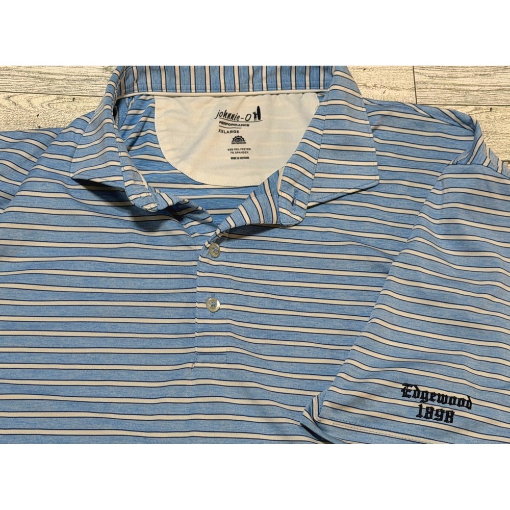 Johnnie-O Performance Polo Shirt Mens XXL Blue Striped Edgewood 1898 Golf UPF 50